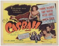 2v369 CASBAH movie title lobby card '48 sexy Yvonne De Carlo laying on floor & with Tony Martin!