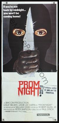 2w808 PROM NIGHT Australian daybill '80 Jamie Lee Curtis won't be coming home, wild horror art!