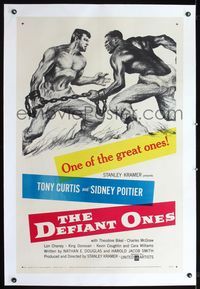 2x096 DEFIANT ONES linen 1sh '58 art of escaped cons Tony Curtis & Sidney Poitier chained together!