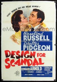 2x098 DESIGN FOR SCANDAL linen one-sheet '41 great image of Walter Pidgeon kissing Rosalind Russell!