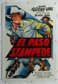 2x113 EL PASO STAMPEDE linen one-sheet '53 close up art of Rocky Lane with gun & punching bad guy!