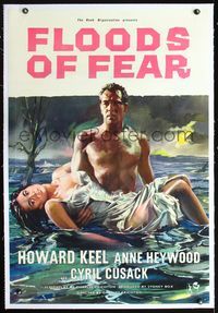 2x124 FLOODS OF FEAR linen English 1sh '59 art of barechested Howard Keel holding sexy Anne Heywood!