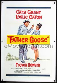 2x117 FATHER GOOSE linen 1sh '65 artwork of sea captain Cary Grant yelling at pretty Leslie Caron!