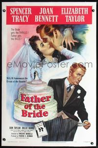 2x118 FATHER OF THE BRIDE linen 1sheet '50 art of Liz Taylor in wedding gown & broke Spencer Tracy!