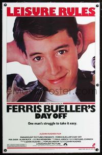 2x119 FERRIS BUELLER'S DAY OFF linen 1sh '86 c/u of Matthew Broderick in John Hughes teen classic!