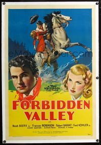 2x126 FORBIDDEN VALLEY linen 1sh '38 cool art of man saving woman on horseback + headshots of stars!