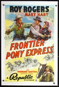 2x132 FRONTIER PONY EXPRESS linen 1sheet '39 cool art of Roy Rogers saving Mary Hart from bad guy!