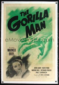 2x141 GORILLA MAN linen one-sheet '42 cool horror art of green hand attacking pretty Ruth Ford!