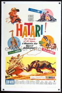 2x146 HATARI linen one-sheet poster '62 Howard Hawks, great artwork images of John Wayne & Africa!