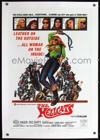 2x147 HELLCATS linen 1sh '68 wild art of female biker who is leather on the outside but all woman!