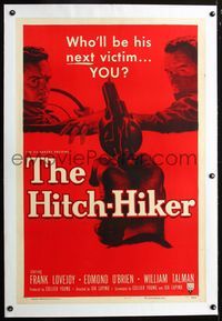 2x156 HITCH-HIKER linen 1sh '53 classic POV image of hitchhiker in back seat pointing gun at front!