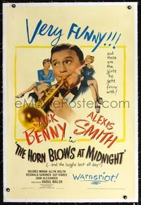 2x158 HORN BLOWS AT MIDNIGHT linen 1sheet '45 Jack Benny w/trumpet & in love triangle w/Alexis Smith