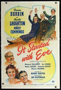 2x166 IT STARTED WITH EVE linen 1sheet '41 Deanna Durbin, Charles Laughton & Robert Cummings waving!