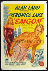 2y263 SAIGON linen Aust 1sh '48 stone litho of barechested Alan Ladd & sexy Veronica Lake with gun!