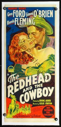 2y278 REDHEAD & THE COWBOY linen Aust daybill '51 stone litho of Glenn Ford & sexy Rhonda Fleming!