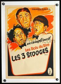 2y169 THREE STOOGES linen French 15x22 '50s great art of Moe, Larry & Shemp by Joseph Koutachy!