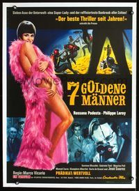 2y108 SEVEN GOLDEN MEN linen German '65 great full-length art of sexy babe wearing only feather boa!