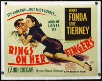 2y341 RINGS ON HER FINGERS linen 1/2sheet '42 great art of sexiest Gene Tierney kissing Henry Fonda!