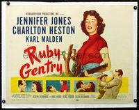 2y342 RUBY GENTRY linen half-sheet '53 art of super sleazy bad girl Jennifer Jones holding rifle!