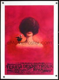 2y254 THERESE linen Polish 23x33 poster '64 wild art of girl & bird w/skull head by F. Starowierski!