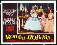 3b569 ROMAN HOLIDAY LC #7 '53 great image of Princess Audrey Hepburn surrounded by her court!