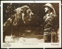 3b572 ROUGHEST AFRICA LC '23 great super close up of brave Stan Laurel grinning down huge lion!