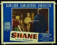 3b583 SHANE lobby card #3 '53 Alan Ladd in buckskin enters homestead of Van Heflin & Jean Arthur!