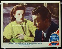 3b663 UNDERCURRENT LC #6 '46 great close up of Katharine Hepburn fascinated by Robert Mitchum!