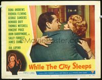 3b689 WHILE THE CITY SLEEPS LC #8 '56 romantic close up of Dana Andrews hugging Rhonda Fleming!