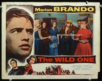 3b693 WILD ONE lobby card '53 Marlon Brando in cool leather jacket & hat with waitress Mary Murphy!