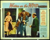 3b705 WRITTEN ON THE WIND LC #4 '56 Rock Hudson carries drunk Robert Stack, Lauren Bacall watches!