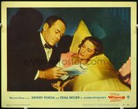 3b706 WRONG MAN lobby card #2 '57 Henry Fonda reads newspaper to Vera Miles in bed, Alfred Hitchcock