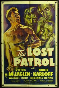 3f588 LOST PATROL style A 1sh R49 Boris Karloff, cool art of shirtless Victor McLaglen, John Ford!