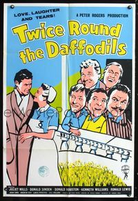 3g914 TWICE ROUND THE DAFFODILS English one-sheet '62 Juliet Mills, Donald Sinden, cool wacky art!