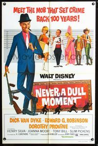 3g567 NEVER A DULL MOMENT one-sheet R77 Disney, wacky art of Dick Van Dyke, Edward G. Robinson!