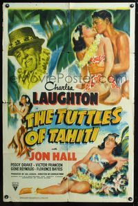 3g913 TUTTLES OF TAHITI 1sheet '42 great image of tropical Charles Laughton, Jon Hall, sexy girls!