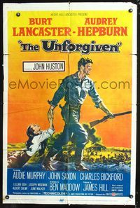 3g923 UNFORGIVEN one-sheet '60 great image of Burt Lancaster dragging Audrey Hepburn, John Huston!