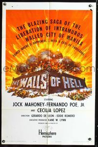 3g946 WALLS OF HELL 1sheet '64 Intramuros, jungles of Southeast Asia, cool exploding fortress art!