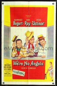 3g961 WE'RE NO ANGELS 1sh '55 art of Humphrey Bogart, Aldo Ray & Peter Ustinov tipping their hats!