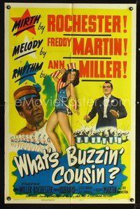 3g962 WHAT'S BUZZIN' COUSIN one-sheet '43 sexy patriotic Ann Miller, Rochester & Freddy Martin!