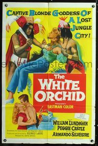 3g966 WHITE ORCHID one-sheet '54 William Lundigan, Peggie Castle, wild art of tribesmen with woman!