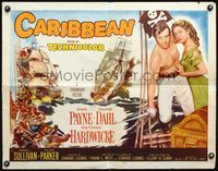 3h363 CARIBBEAN style A 1/2sheet '52 cool art of barechested pirate John Payne & sexy Arlene Dahl!