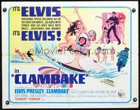 3h379 CLAMBAKE half-sheet '67 cool art of Elvis Presley in speed boat with sexy babes, rock & roll!