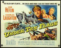 3h653 UNDER TEN FLAGS half-sheet '60 art of Van Heflin, Charles Laughton & sexy Mylene Demongeot!