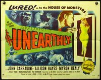 3h654 UNEARTHLY half-sheet '57 John Carradine & sexy Allison Hayes lured to the house of monsters!