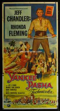 3k687 YANKEE PASHA three-sheet poster '54 full-length art of Jeff Chandler & sexy Rhonda Fleming!