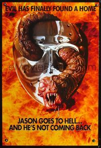 3p392 JASON GOES TO HELL DS teaser one-sheet '93 Friday the 13th, creepy worm w/teeth in mask image!