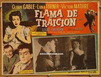 3w251 BETRAYED Mexican movie lobby card '54 Clark Gable, Victor Mature & sexy brunette Lana Turner!