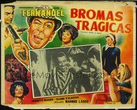 3w265 BLAGUE DANS LE COIN Mexican movie lobby card '63 wacky art of winking Fernandel w/gun!