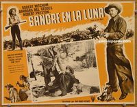 3w270 BLOOD ON THE MOON Mexican LC '49 cowboy Robert Mitchum pointing gun & Barbara Bel Geddes!